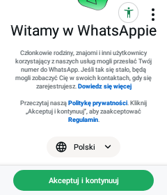 Ekran powitalny WhatsApp z przyciskiem Akceptuj i kontynuuj