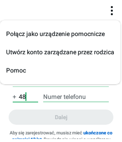 Menu z opcją Utwórz konto zarządzane przez rodzica