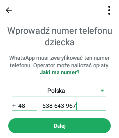 Ekran wpisywania numeru telefonu dziecka