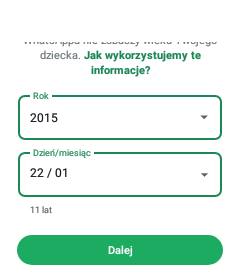 Ekran wyboru roku i daty urodzenia dziecka
