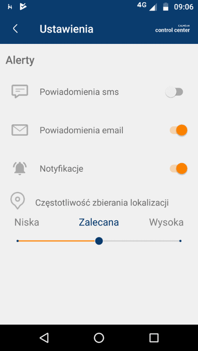 Aplikacja CALMEAN - Ustawienia Czestotliwosci Lokalizacji