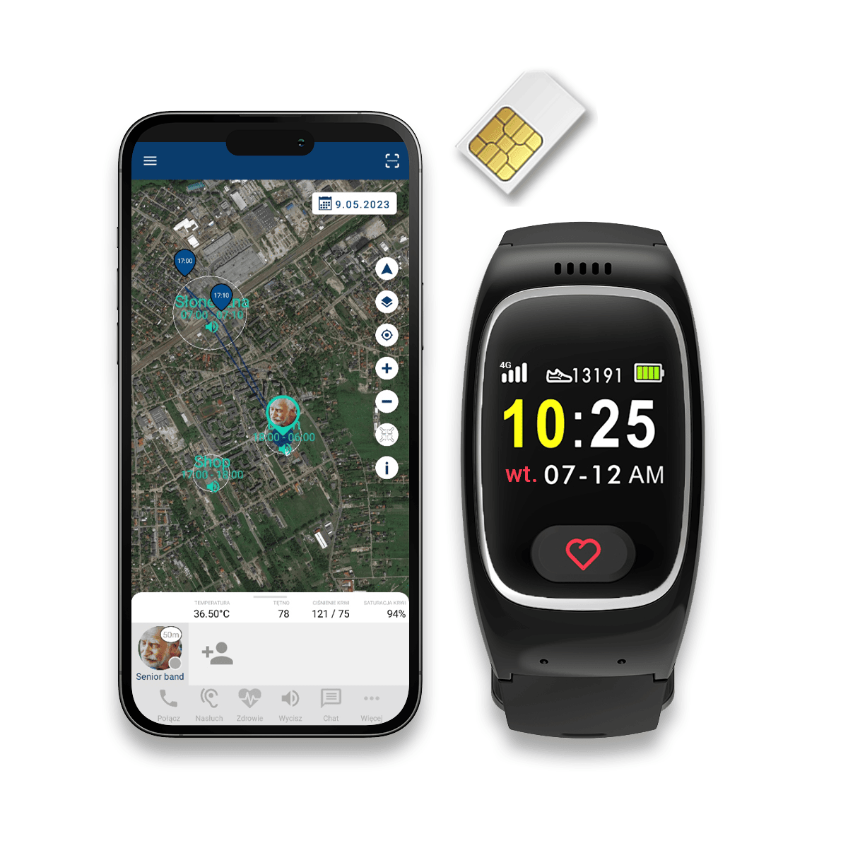 Opaska dla seniorów - kolor czarny zestaw z kartą SIM