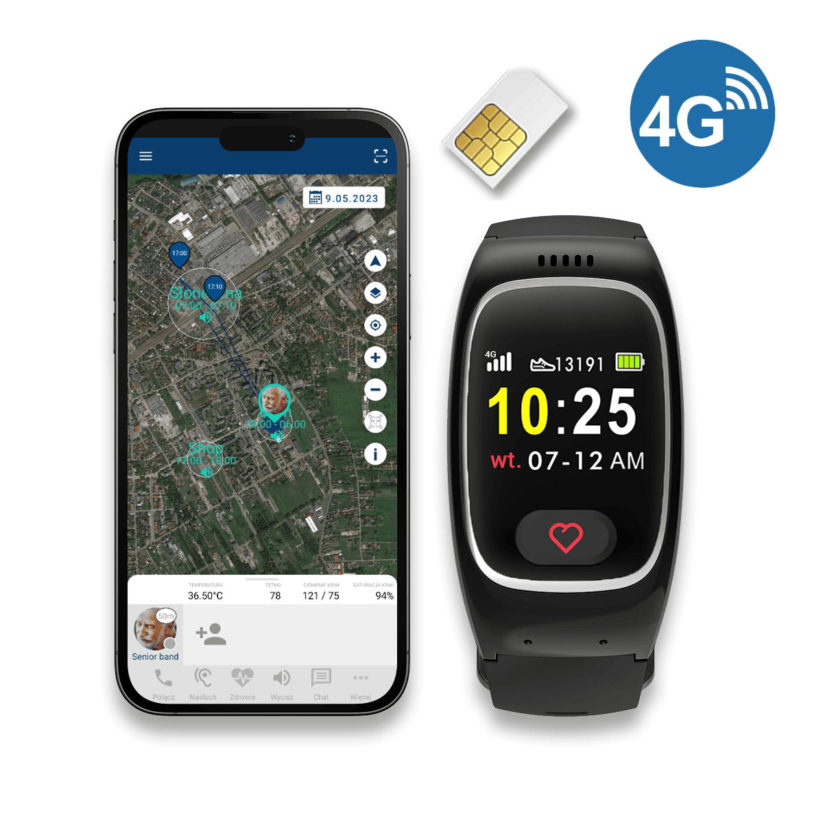 Senior Band Telefon + SIM black W zestawie otrzymasz wbudowaną kartę SIM T-Mobile, którą możesz wymienić na własną, jeśli chcesz. Zegarek jest kompatybilny z aplikacją, w której możesz ustawiać i kontrolować wiele funkcji.